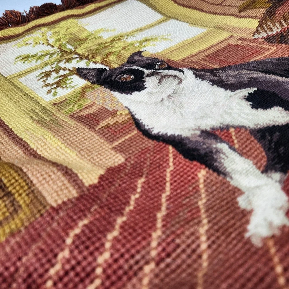 Boston Terrier Needlepoint Throw Pillow cover Wool Tassel Fringe Velvet 16x16
